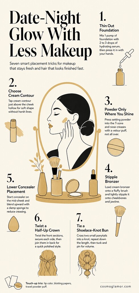 Editorial illustration summarizing seven date-night beauty tips, with a vanity mirror, makeup tools, and advice on foundation, contour, powder, bronzer, concealer, and easy hairstyles.