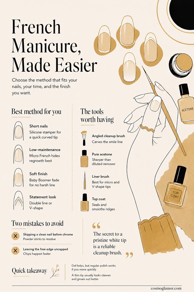 Editorial flat illustration of a French manicure guide with nail art methods, essential tools, and tips for choosing an at-home French manicure style.