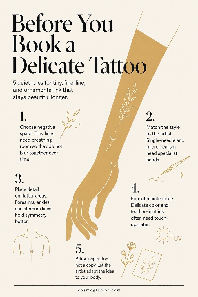 Editorial illustration of a delicate tattoo guide, showing a minimalist gold forearm with fine-line botanical ink and five tips for choosing small tattoos that age well.