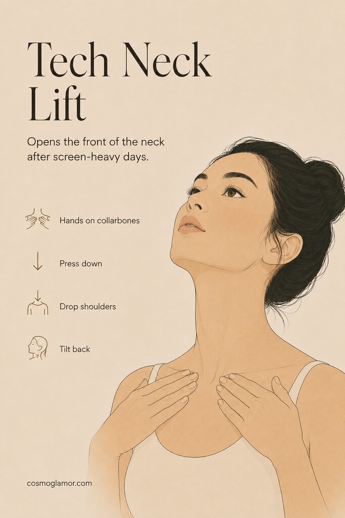 Hands anchoring the collarbones while the head tilts back to stretch the front of the neck.