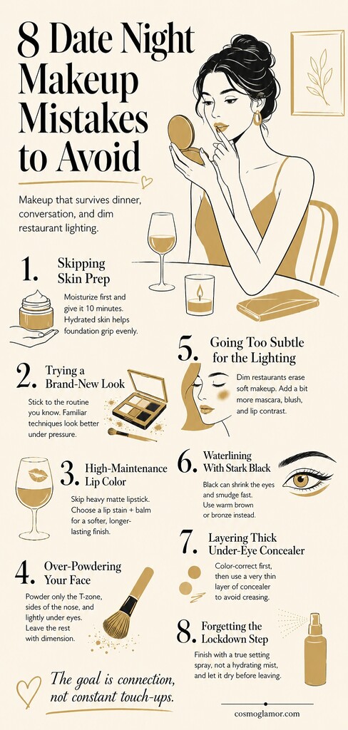 Editorial illustration summarizing 8 date night makeup mistakes, featuring a woman checking her lipstick in a compact mirror with tips on skin prep, lip color, powder, lighting, eyeliner, concealer, and setting spray.