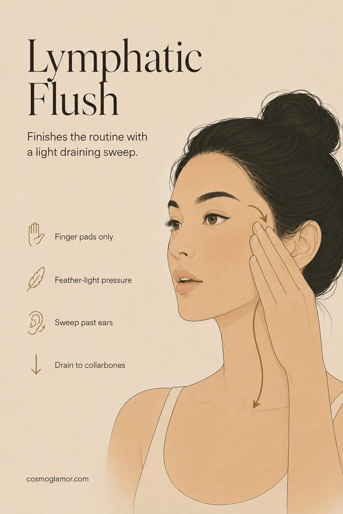Fingers gently sweeping from the face down the neck toward the collarbones for lymphatic drainage.