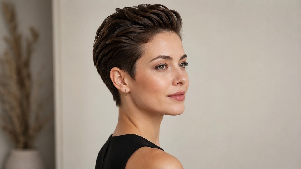 Woman with a short swept-back pixie haircut, tapered sides, and soft volume at the crown.