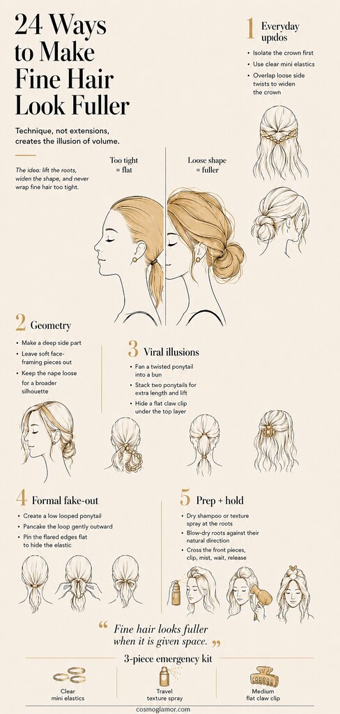 Editorial infographic showing 24 fine hair styling hacks, including root lift, loose updos, deep side parts, fanned buns, stacked ponytails, and a 3-piece emergency kit for fuller-looking hair.