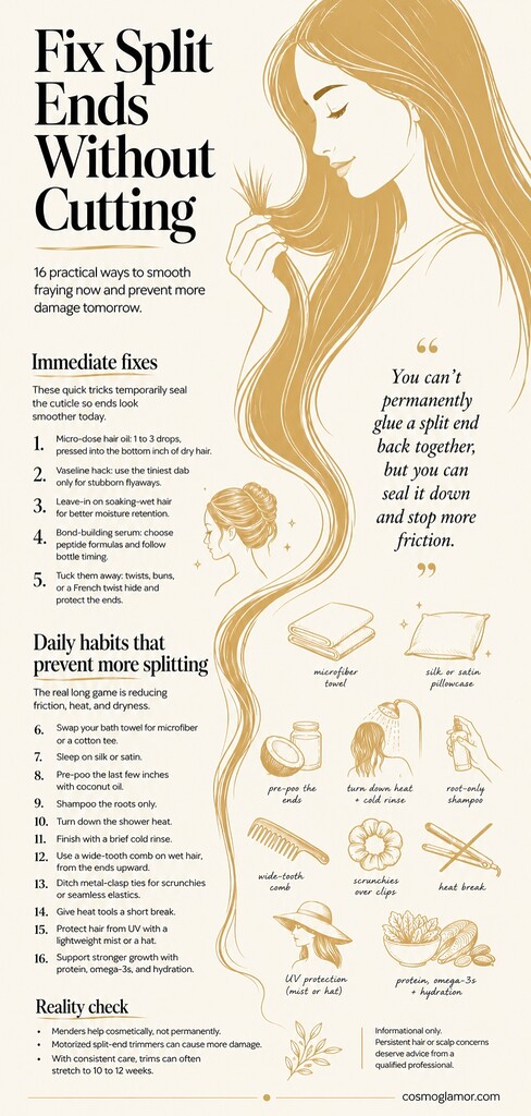 Editorial illustration showing a woman gently holding her long hair ends, with practical split-end care tips for sealing frizz, reducing friction, avoiding heat, and protecting hair without cutting.