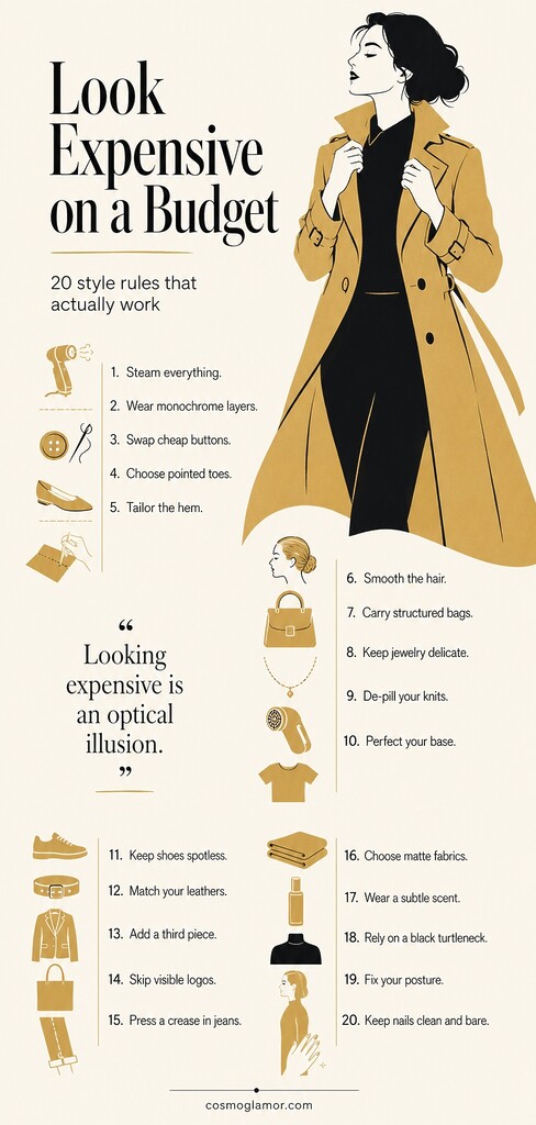 Editorial Pinterest illustration summarizing 20 budget style rules, with a woman in a trench coat and tips on fit, grooming, shoes, fabrics, and accessories.