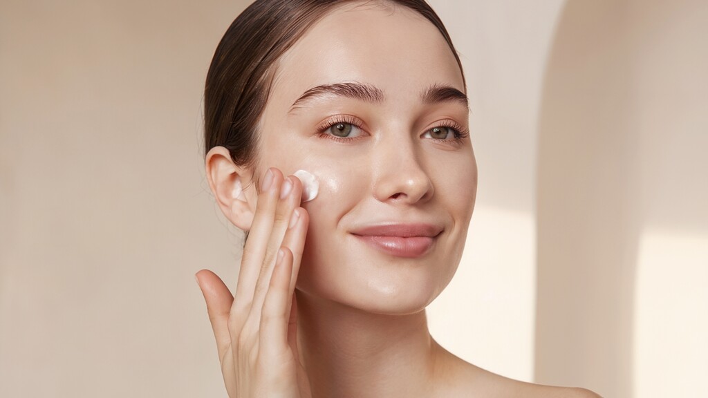 Woman applying moisturizer or hydrating foundation to her cheek, showing smooth, glowing skin for a dry skin makeup routine.