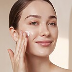 The 11 Best Foundations for Dry Skin That Won't Cling Woman applying moisturizer or hydrating foundation to her cheek, showing smooth, glowing skin for a dry skin makeup routine.