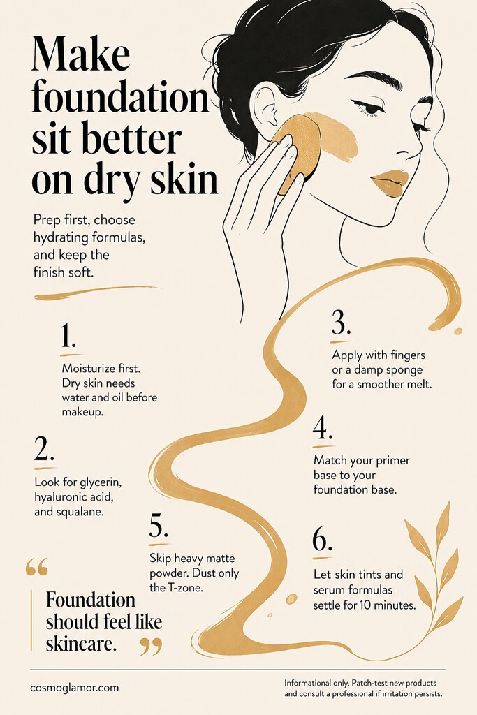 Minimal editorial illustration showing a woman applying foundation on dry skin, with six tips for smoother makeup application and hydrating ingredients like glycerin, hyaluronic acid, and squalane.