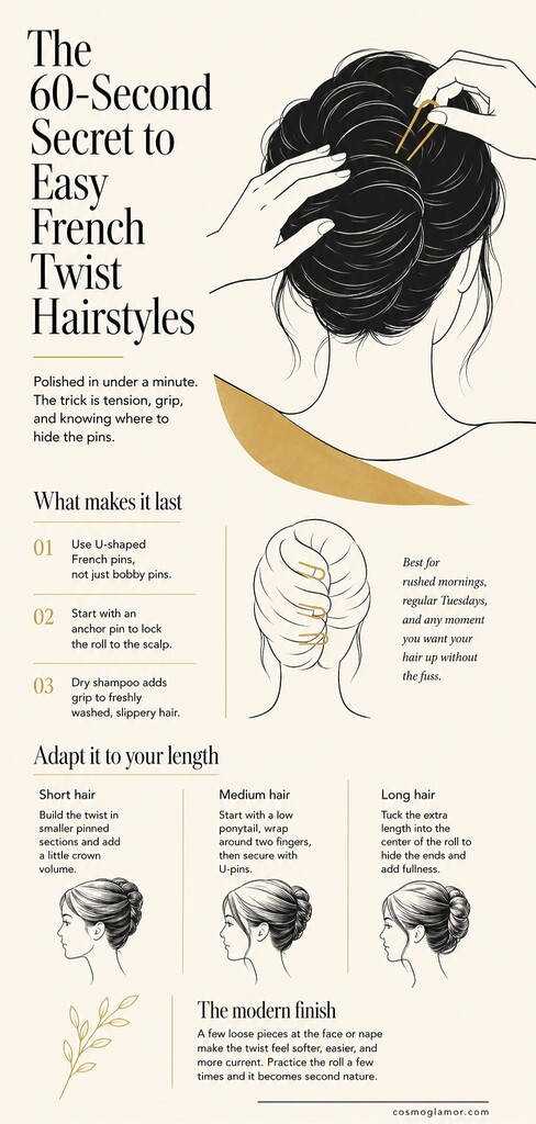 Editorial illustration summarizing easy French twist hairstyles, showing a woman securing a loose French twist with a U-shaped pin, plus tips for short, medium, and long hair.