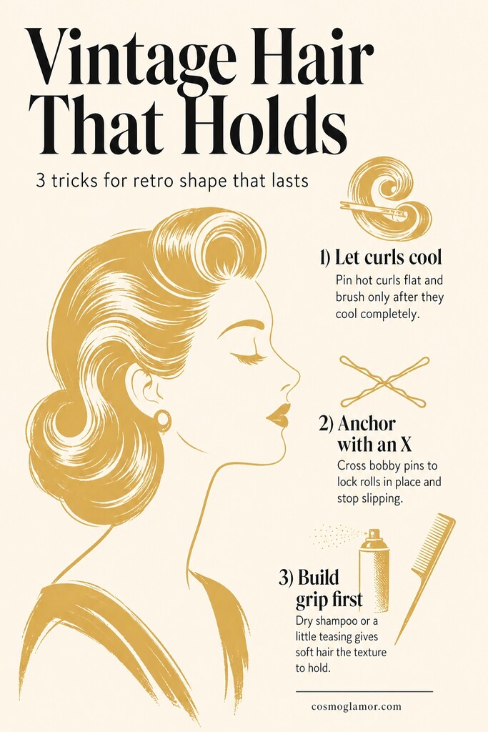 Editorial illustration of a woman with a vintage rolled hairstyle, showing three practical tips for helping retro curls and pinned rolls hold their shape.