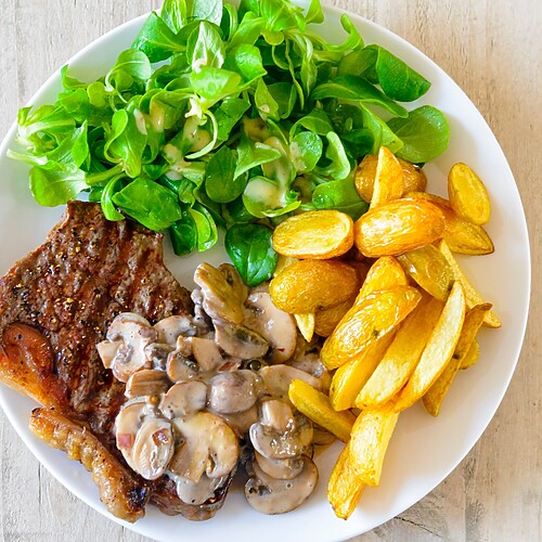 Balanced dinner plate with steak, leafy green salad, roasted potatoes, and mushrooms on a wooden table.