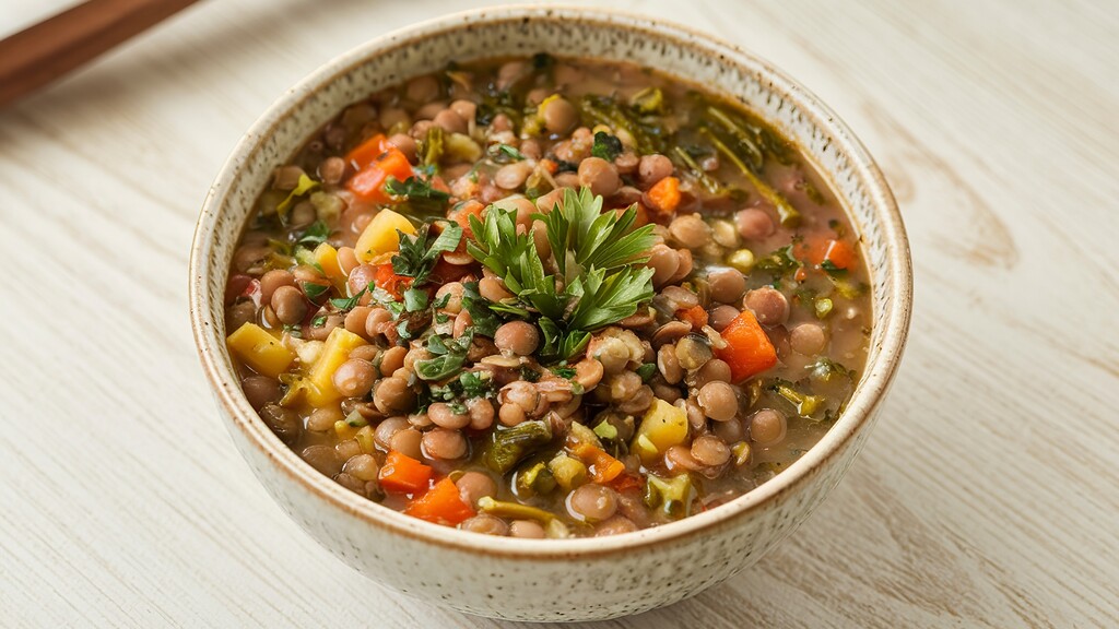 Hearty lentil soup with vegetables and fresh herbs in a ceramic bowl.