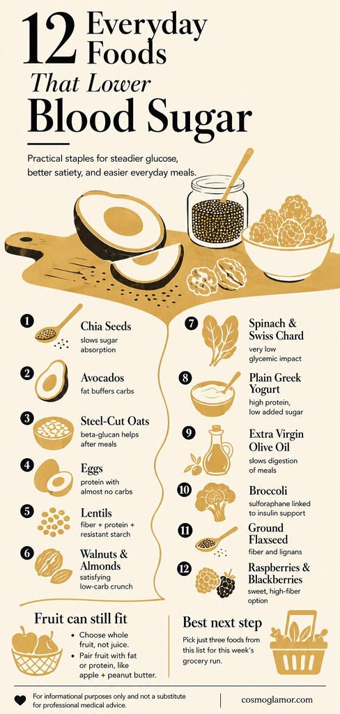 Editorial infographic showing 12 everyday foods that may help support steadier blood sugar, including chia seeds, avocado, oats, eggs, lentils, nuts, leafy greens, Greek yogurt, olive oil, broccoli, flaxseed, and berries.