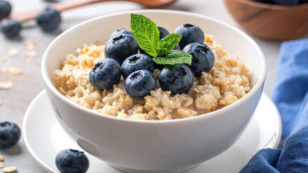 Bowl of steel-cut oats topped with blueberries and fresh mint.