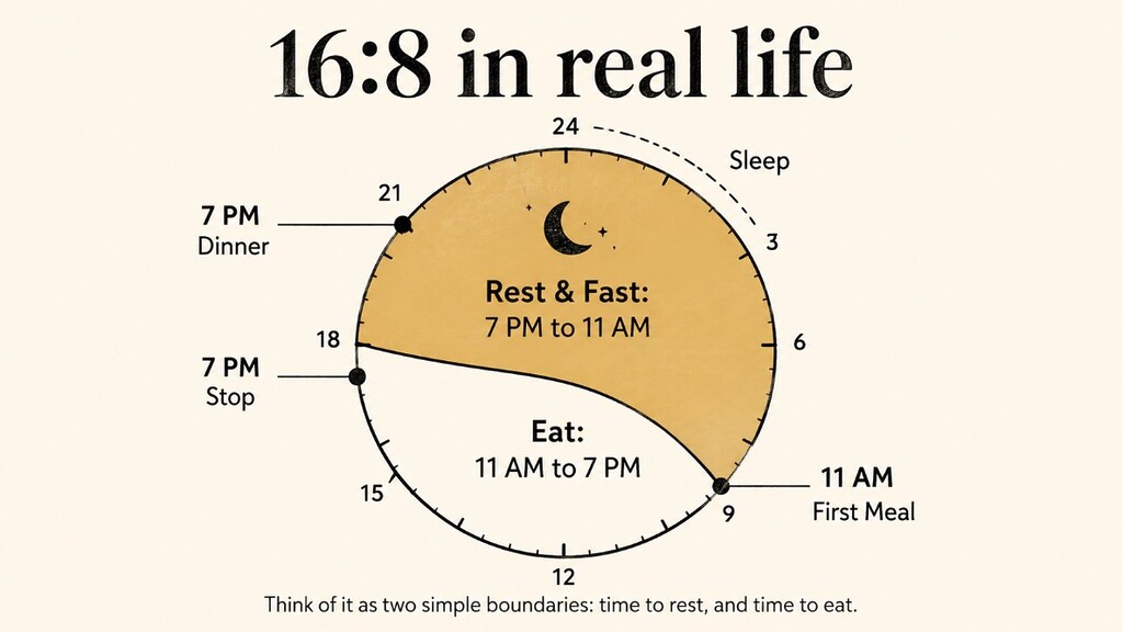 24-hour 16:8 fasting clock showing a 7 PM to 11 AM fast and an 11 AM to 7 PM eating window.