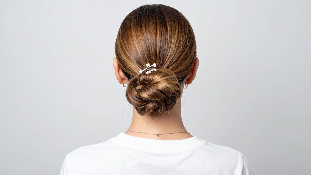 Back view of a sleek low bun hairstyle secured neatly at the nape of the neck.
