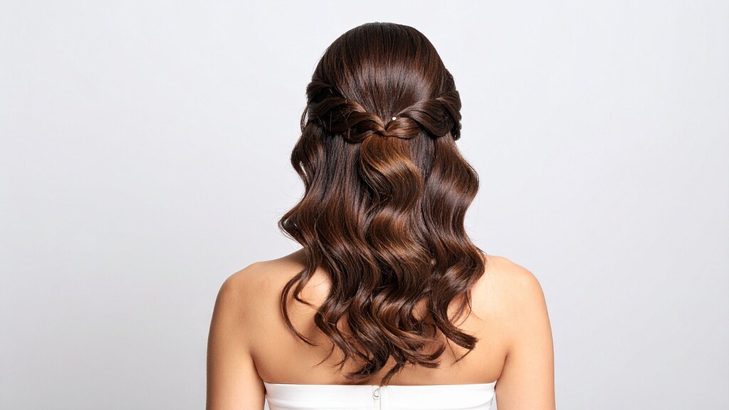 Back view of a romantic half-up twisted hairstyle with soft waves and pinned sections.