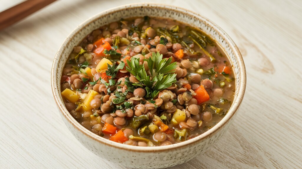 Hearty lentil soup with vegetables and fresh parsley in a ceramic bowl.