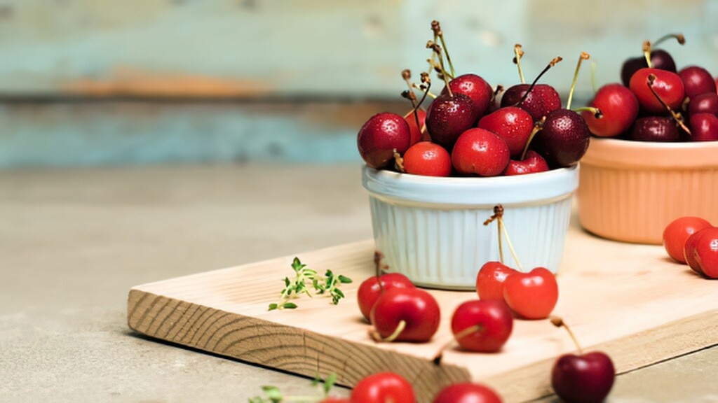 Fresh cherries with stems served in small bowls on a wooden board.