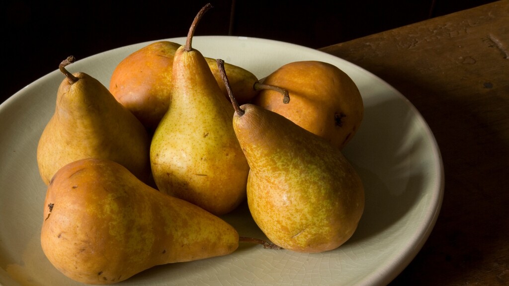 Ripe pears arranged in a shallow bowl on a dark wooden table.