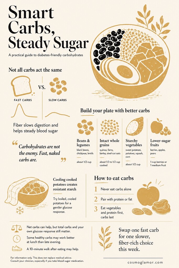 Editorial illustration summarizing diabetes-friendly carbohydrates, including beans, intact whole grains, starchy vegetables, lower-sugar fruits, and tips for steady blood sugar.