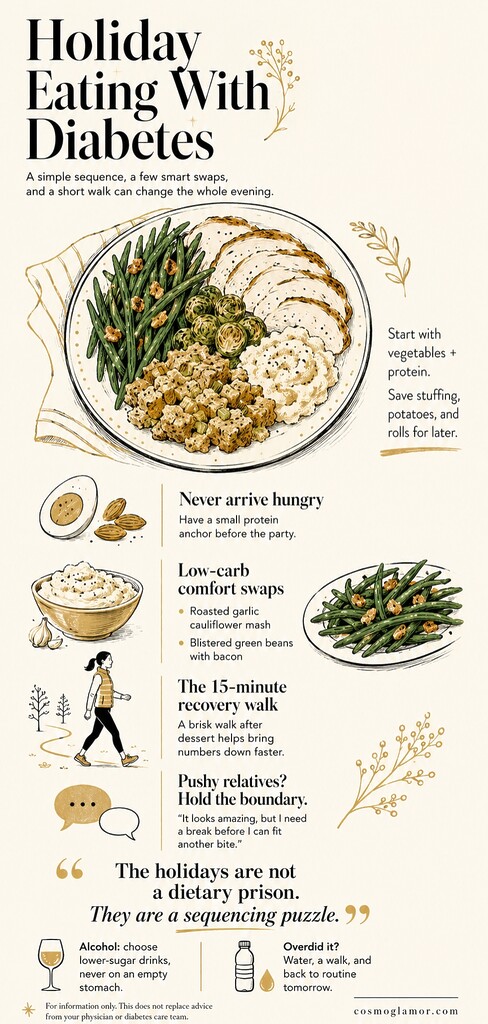 Editorial illustration of holiday eating tips for diabetes, showing a balanced plate, protein snack, low-carb swaps, walking, and blood sugar-friendly choices.