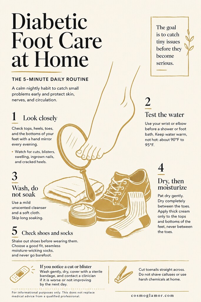 Editorial infographic showing a 5-minute diabetic foot care routine at home, with a foot, hand mirror, moisturizer, towel, shoe, and sock, plus steps for checking, washing, drying, moisturizing, and inspecting footwear.