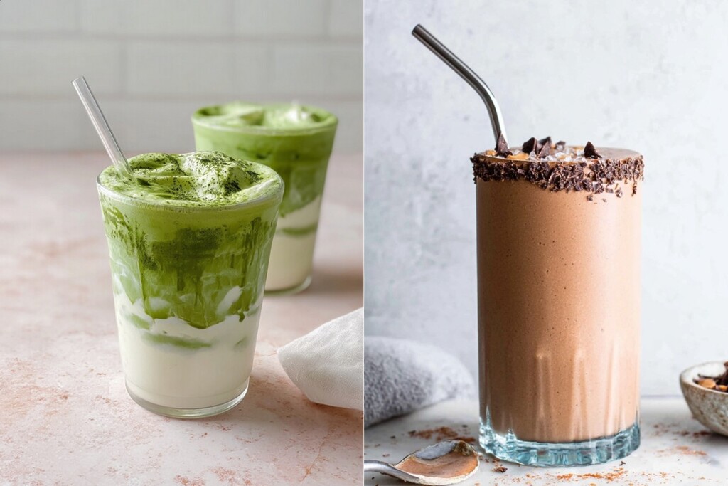 Green and chocolate smoothies in glasses, featured as diabetic-friendly superfood smoothie options.