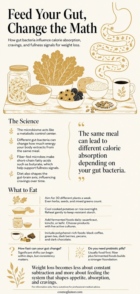 Editorial infographic showing how gut bacteria influence weight loss, with fermented foods, fiber-rich plants, cooled starches, and polyphenol-rich foods.