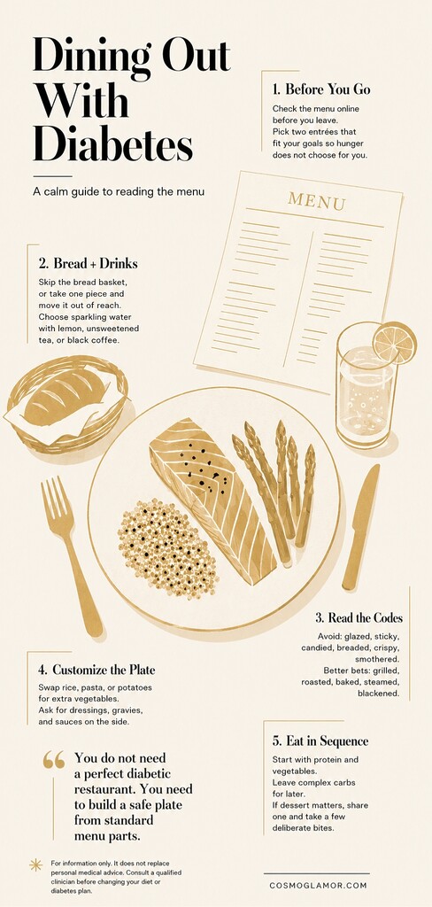 Editorial infographic showing a balanced diabetes-friendly restaurant meal with salmon, asparagus, quinoa, sparkling water, and menu tips for dining out with diabetes.