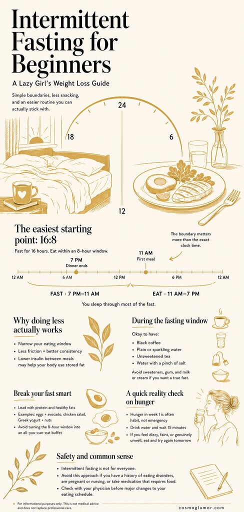 Vertical editorial infographic explaining intermittent fasting for beginners, including a 16:8 fasting schedule, allowed fasting drinks, smart eating-window tips, hunger guidance, and safety notes.