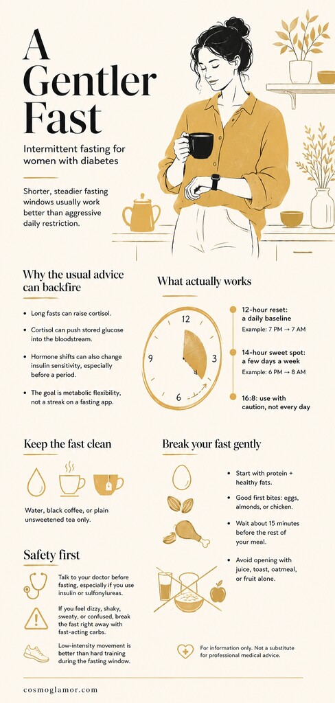 Editorial illustration summarizing gentle intermittent fasting for women with diabetes, including safer fasting windows, clean fasting drinks, protein-first meals, and medication safety tips.