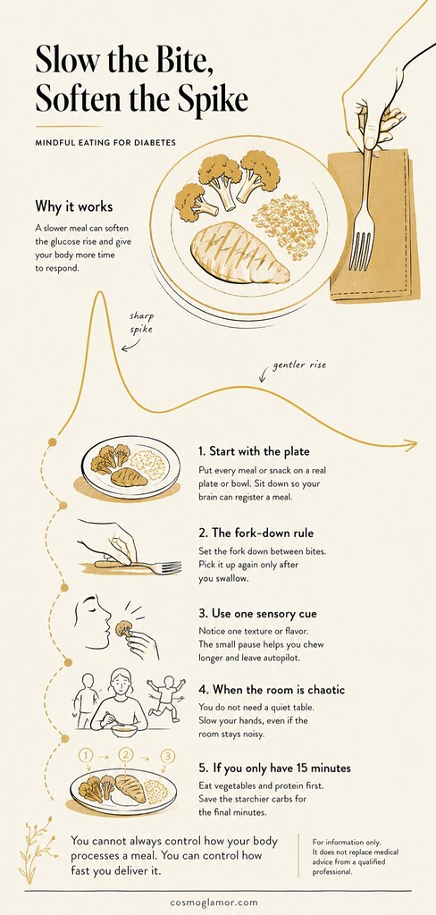 Editorial infographic showing a plate of food, a fork set down between bites, and mindful eating tips to help people with diabetes slow meals and reduce blood sugar spikes.