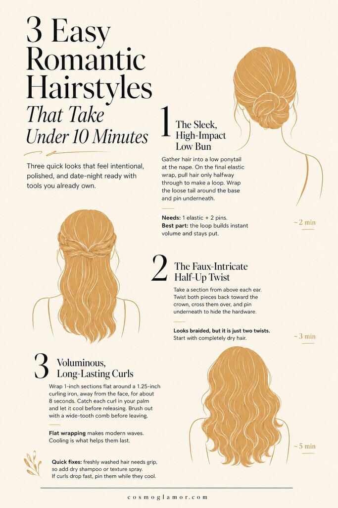 Editorial illustration summarizing three romantic hairstyles under 10 minutes: a sleek low bun, a half-up twist, and long-lasting soft curls with quick styling tips.
