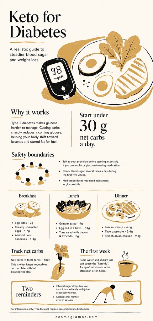 Editorial illustration summarizing a keto diet guide for diabetes, showing a blood glucose meter, low-carb foods, safety tips, net carb tracking, meal ideas, and first-week keto guidance.