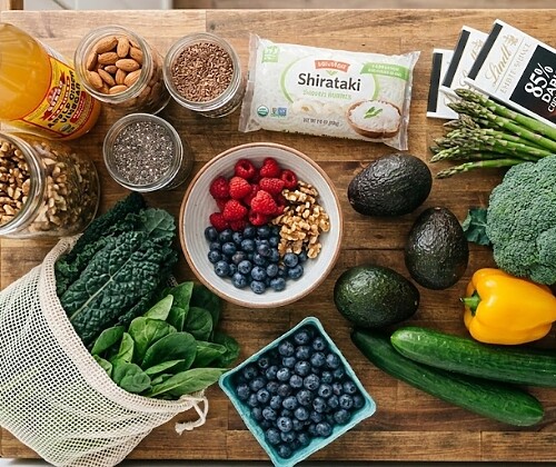 Healthy grocery haul featuring foods diabetics can eat like berries and greens