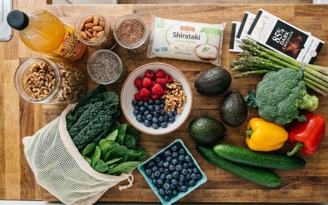Healthy grocery haul featuring foods diabetics can eat like berries and greens