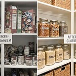 Comparison of a messy high-carb pantry versus an organized low carb pantry essentials shelf