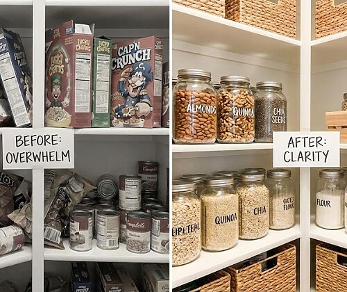 Comparison of a messy high-carb pantry versus an organized low carb pantry essentials shelf