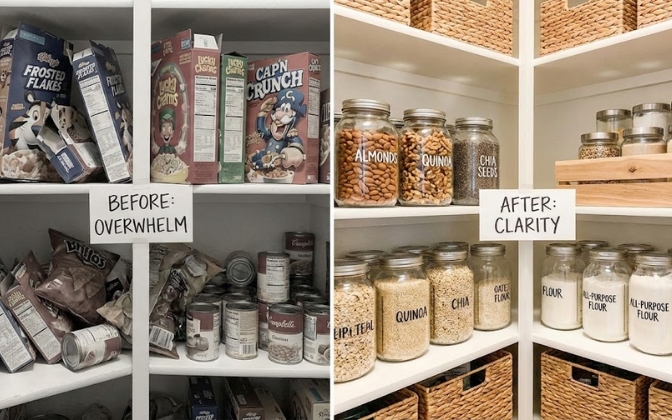 Comparison of a messy high-carb pantry versus an organized low carb pantry essentials shelf