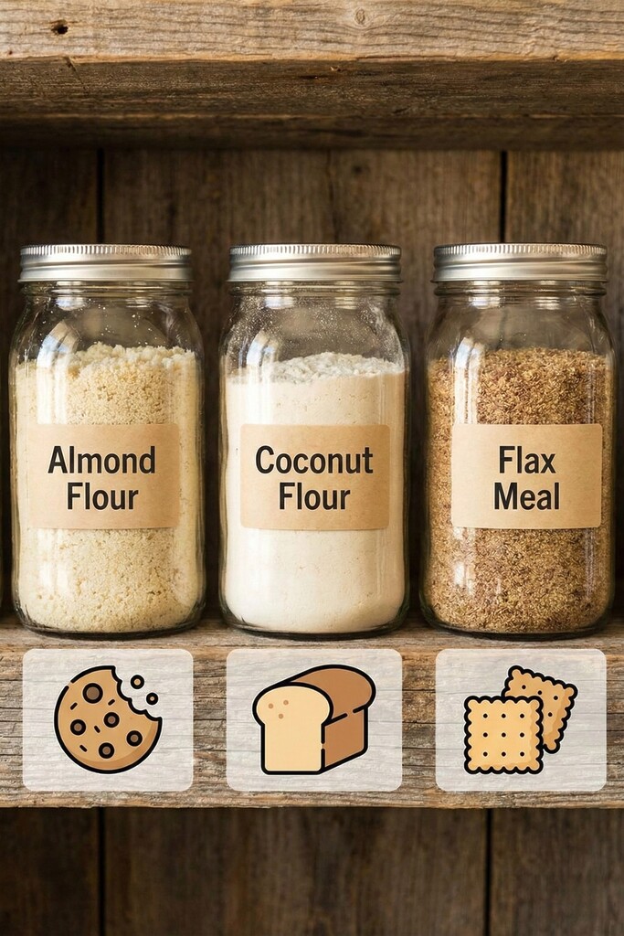 Jars of low carb pantry essentials like almond flour and coconut flour