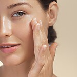 Woman gently touching her cheek to show hydrated, healthy-looking skin.