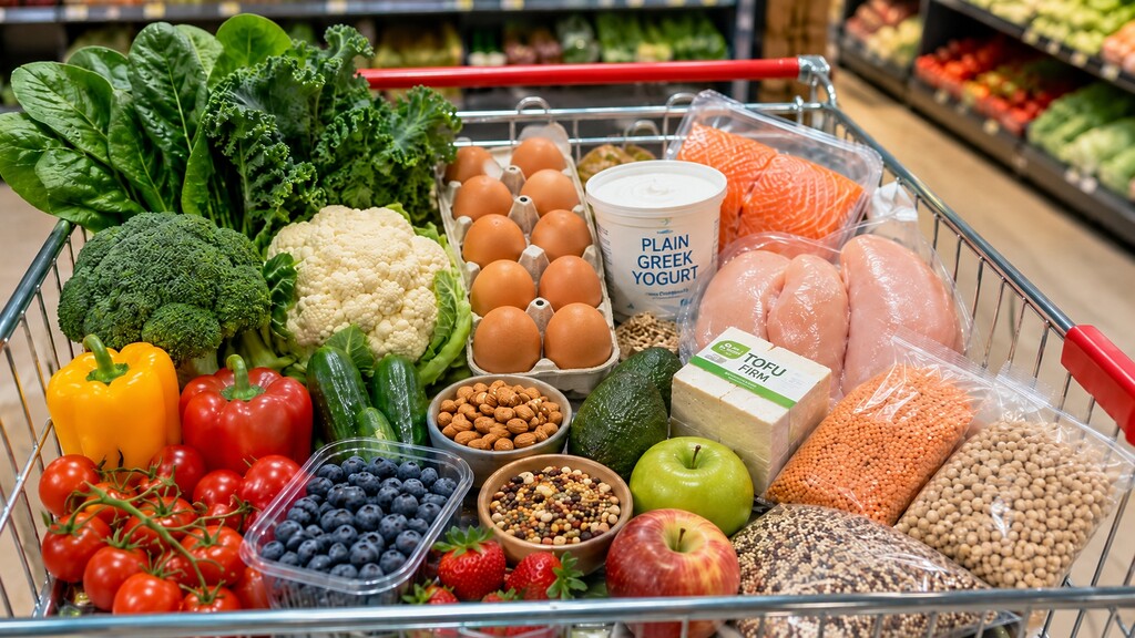 Grocery cart filled with blood sugar-friendly foods, including leafy greens, eggs, Greek yogurt, salmon, avocado, nuts, berries, and low-carb vegetables.
