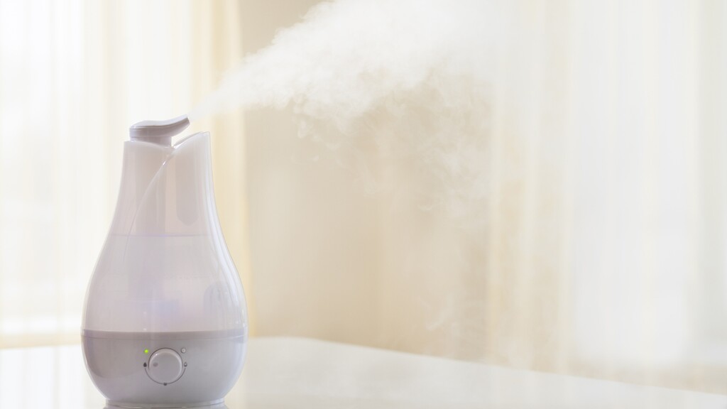Bedroom humidifier releasing mist to help maintain moisture in dry indoor air.