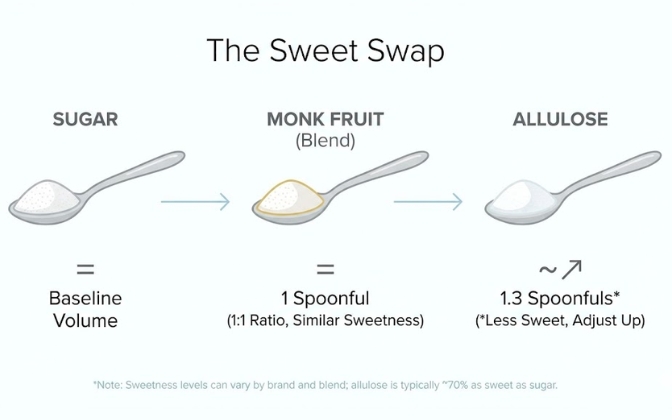 Comparison of sugar versus low carb pantry essentials sweeteners like Monk Fruit