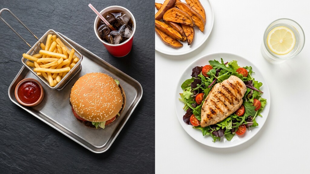 A split image compares a burger, fries, and soda on the left with grilled chicken salad, sweet potato wedges, and lemon water on the right.