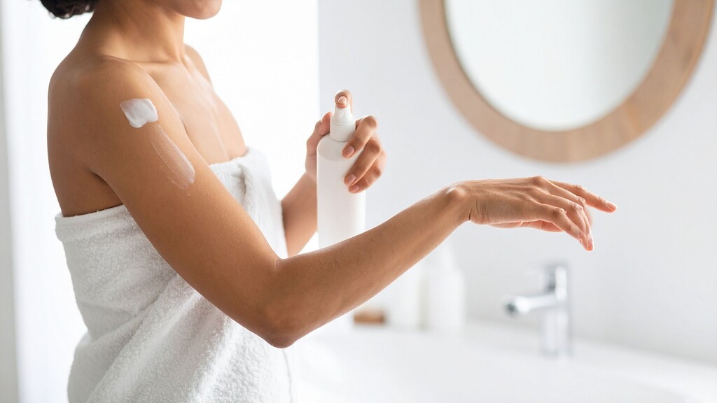 Woman applying body cream to her arm after a shower to help lock in moisture.