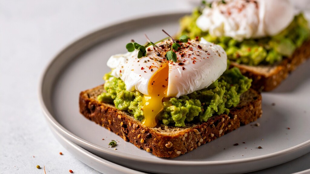 Avocado toast topped with a poached egg on whole grain bread, showing a balanced carb with protein and fat.