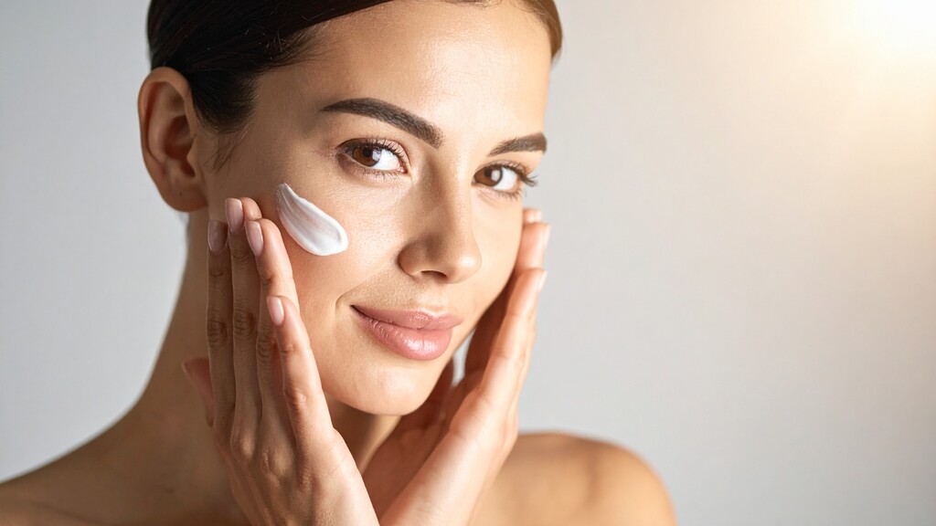 Woman applying a thick moisturizing cream to her cheek as part of a dry skin care routine.